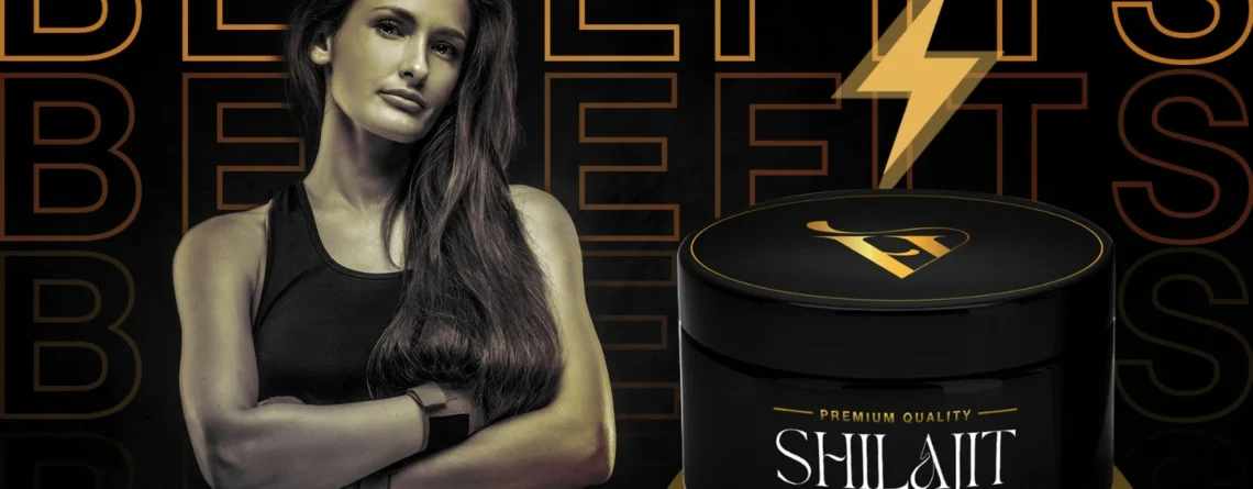 Confident and strong woman standing next to premium quality Shilajit resin, highlighting its benefits for female health and wellness.