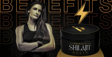 Confident and strong woman standing next to premium quality Shilajit resin, highlighting its benefits for female health and wellness.