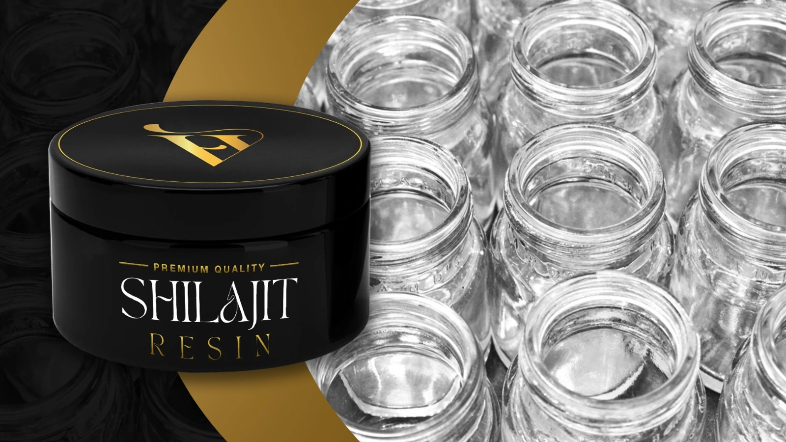 Premium quality Shilajit resin jar next to Miron glass containers, highlighting superior packaging for potency and freshness.