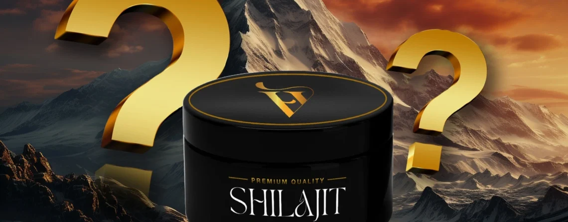 Premium quality Shilajit resin jar with question marks and a Himalayan mountain backdrop, symbolizing curiosity about its benefits.