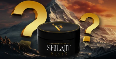 Premium quality Shilajit resin jar with question marks and a Himalayan mountain backdrop, symbolizing curiosity about its benefits.