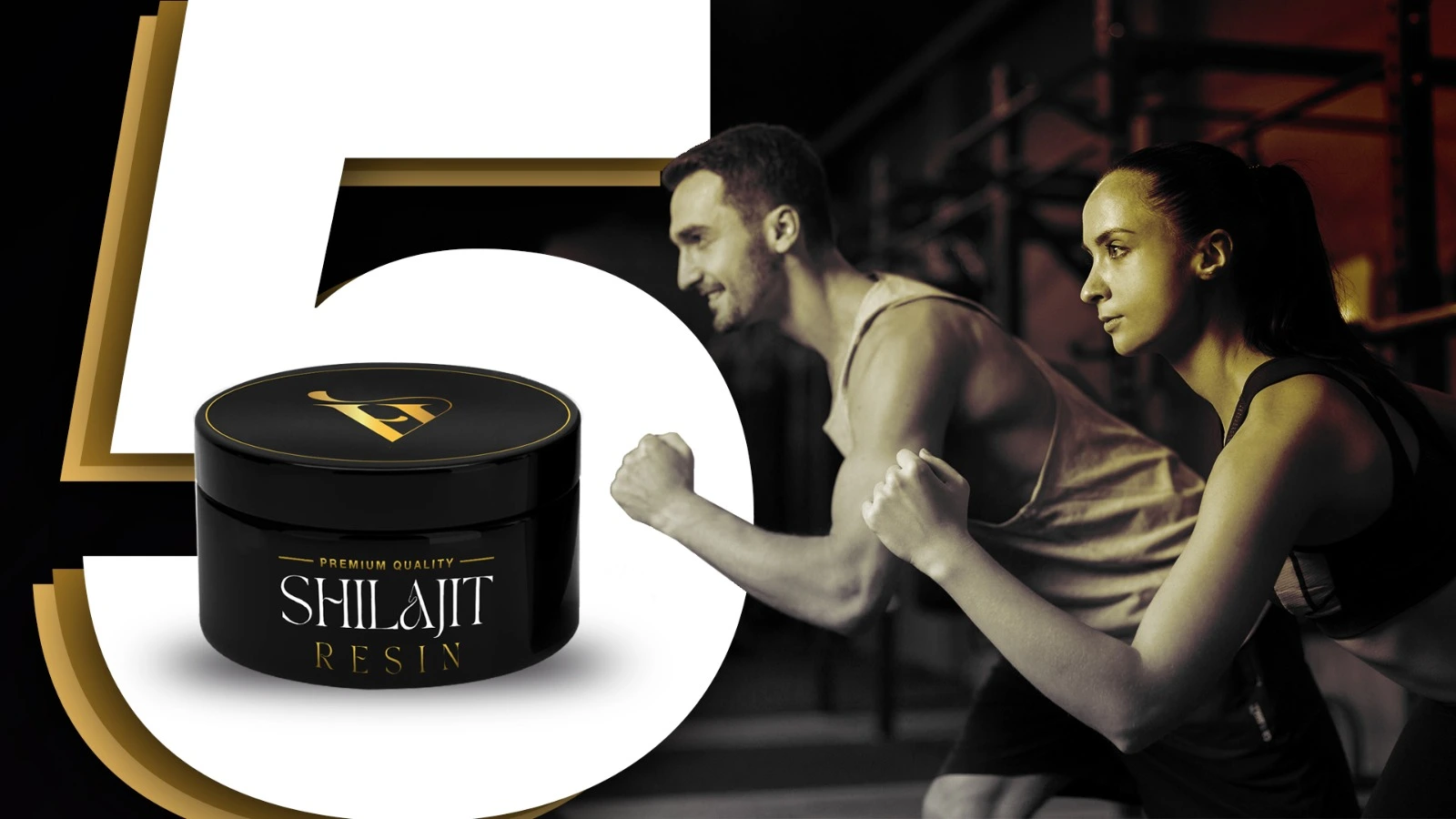 A fit man and woman training together with premium quality Shilajit resin, symbolizing enhanced energy and endurance.