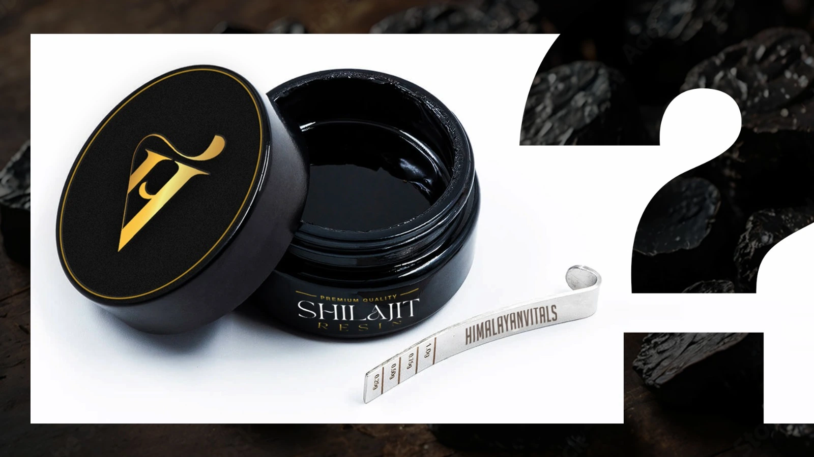 Open jar of premium quality Shilajit resin with a measuring spoon, symbolizing its purity and benefits as a Himalayan superfood.