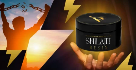 Premium quality Shilajit resin with a silhouette of a man breaking free from chains, symbolizing strength, energy, and testosterone boost.