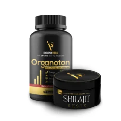 Himalayan Vitals Organoton bottle and Shilajit Resin jar, a powerful combination for energy, testosterone support, and overall wellness.