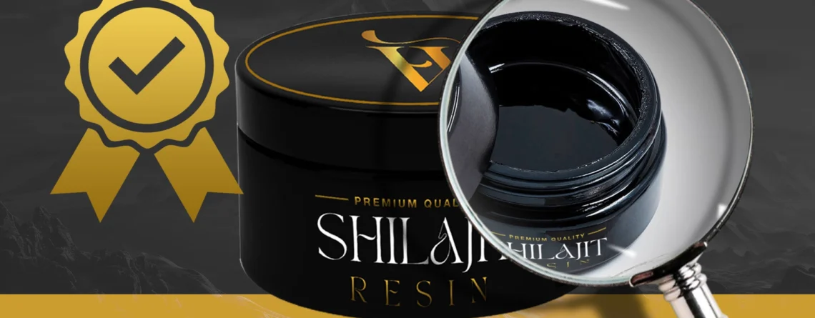 Premium quality Shilajit resin in a black jar with a magnifying glass highlighting its texture, ensuring authenticity.