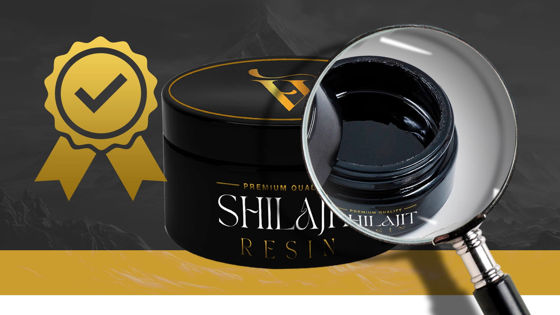 Premium quality Shilajit resin in a black jar with a magnifying glass highlighting its texture, ensuring authenticity.