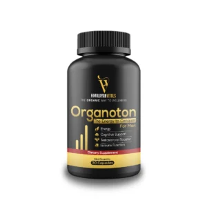 Himalayan Vitals Organoton bottle, a premium dietary supplement for men supporting energy, cognitive function, testosterone boost, and immune health.