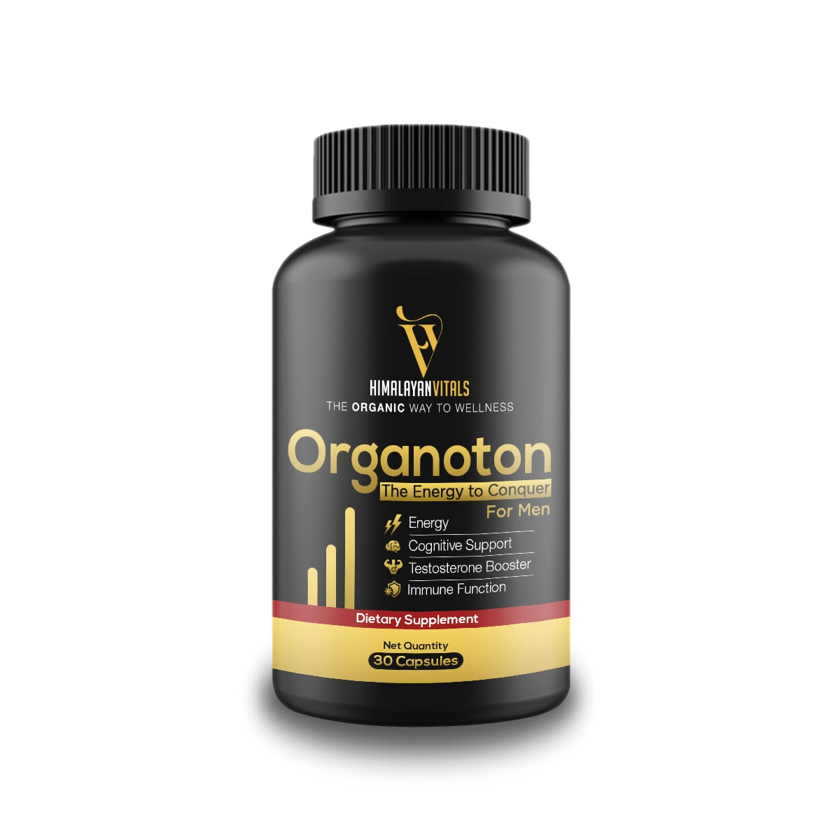 Himalayan Vitals Organoton bottle, a premium dietary supplement for men supporting energy, cognitive function, testosterone boost, and immune health.