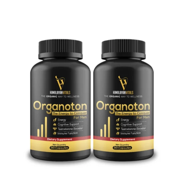 Pack of 2 Himalayan Vitals Organoton bottles, a men’s dietary supplement for energy, cognitive support, testosterone boost, and immune health.