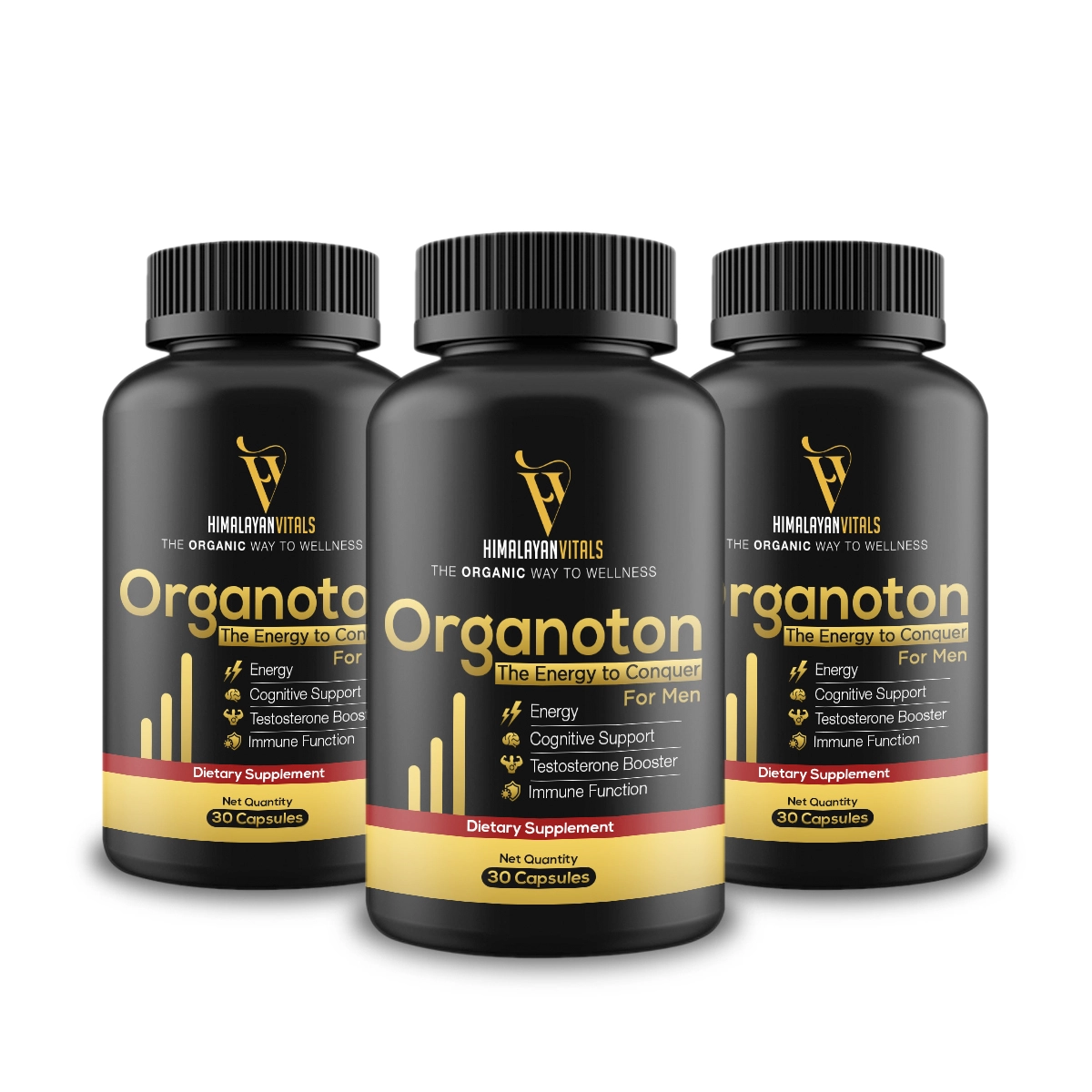 Pack of 3 Himalayan Vitals Organoton bottles, a men’s dietary supplement for energy, cognitive support, testosterone boost, and immune health.